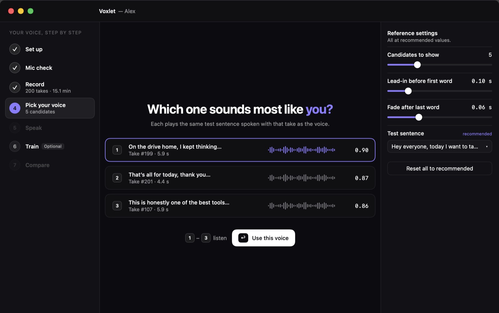 Pick your voice: candidate takes, each with a test clip to play.