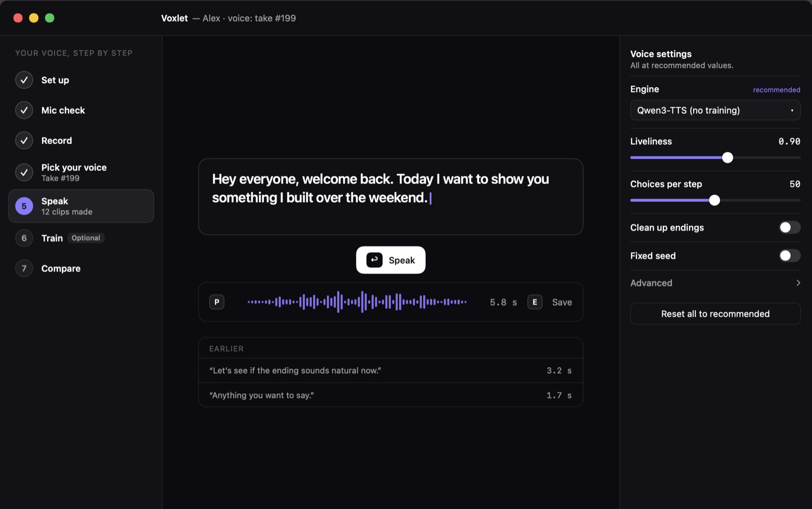 The Speak step: a text box, a Speak button, the waveform of the clip just made, and the voice settings on the right.