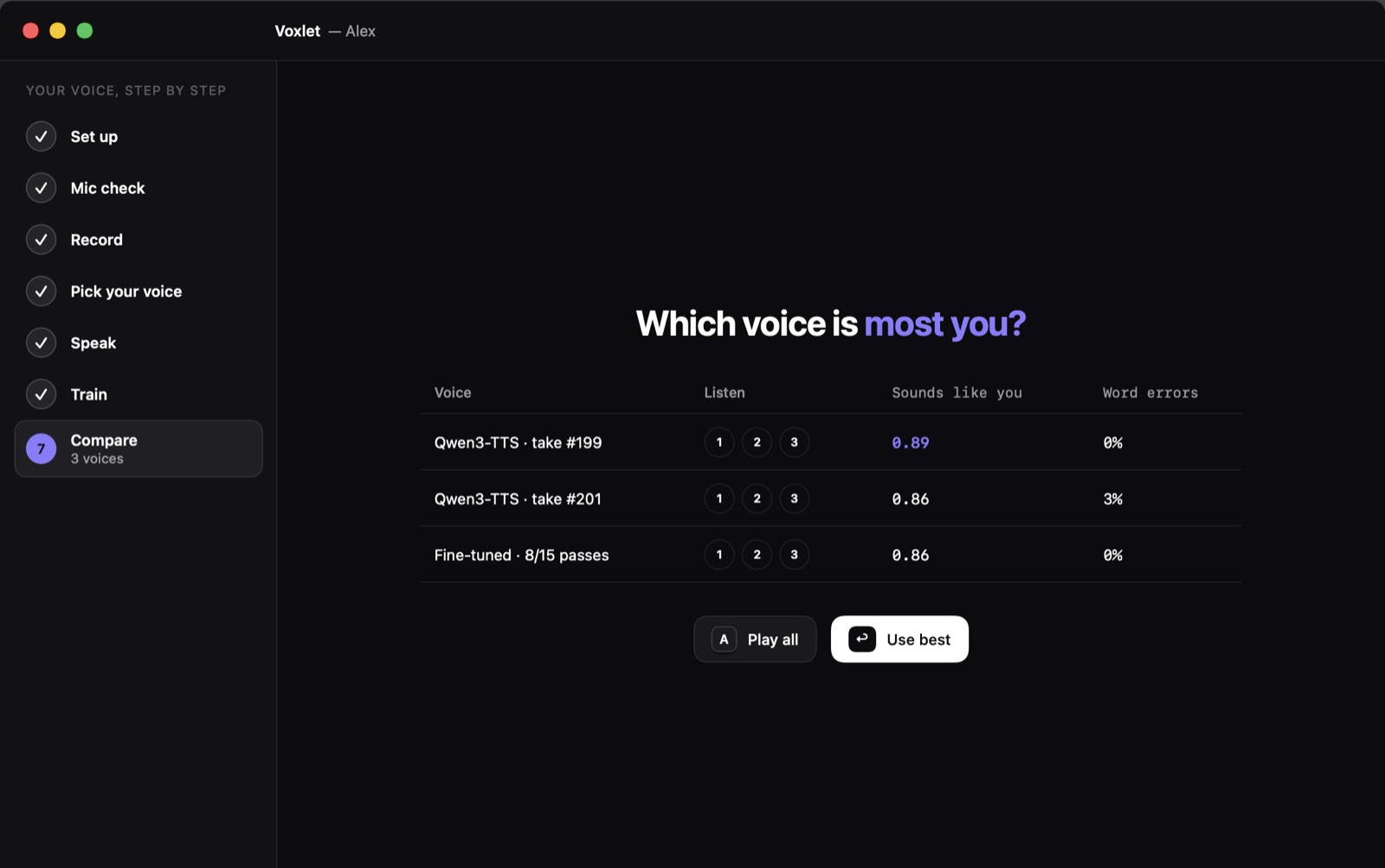 Compare: each voice with its similarity and word-error scores.